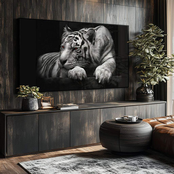 Quadro Decorativo Olhar Selvagem: Essência de Força e Nobreza - quadros decorativos para sala 1 Tela, 1 Tela Horizontal - em ambiente decorado