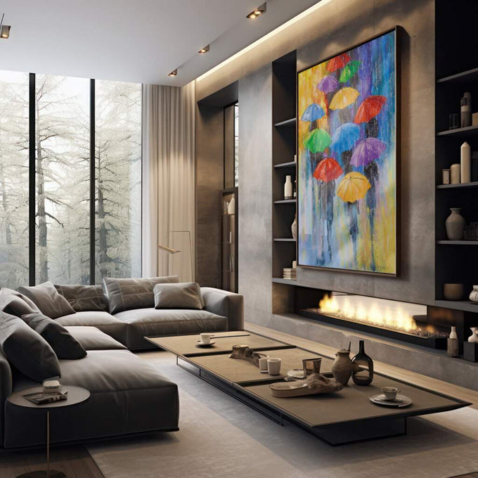 Quadro Decorativo: Dia Chuvoso Colorido - Uma Explosão de Alegria - quadros decorativos 1 Tela Vertical, 3 Telas - em sala moderna