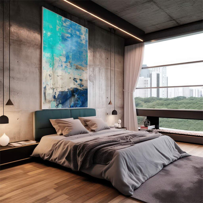 Quadro Decorativo Fascinante Abstração em Azul - quadros decorativos 1 Tela Vertical, 3 Telas - em escritorio elegante