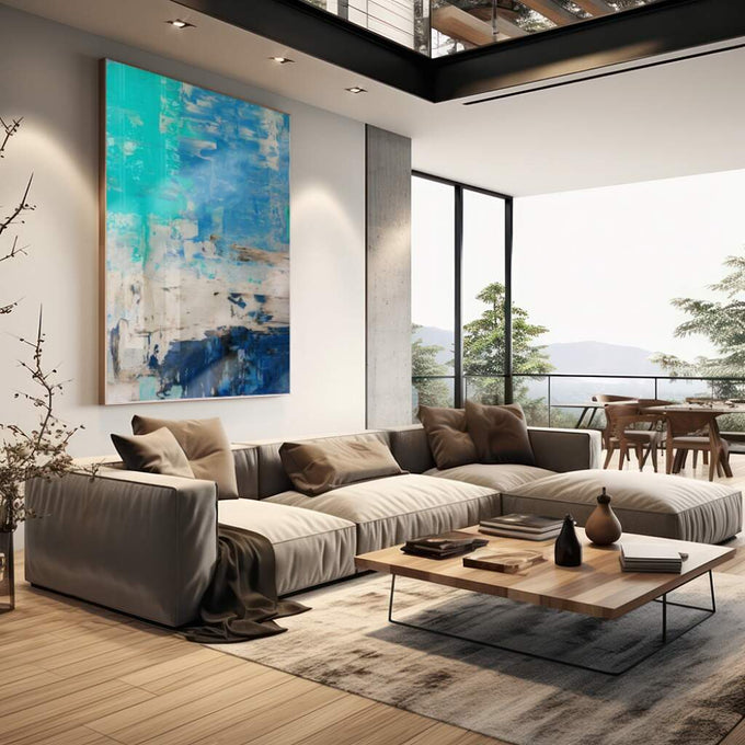 Quadro Decorativo Fascinante Abstração em Azul - quadros decorativos para sala 1 Tela Vertical, 3 Telas - em living room premium