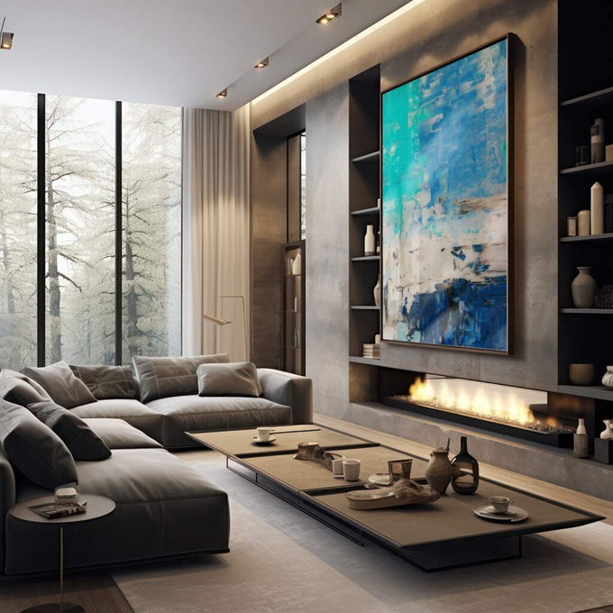 Quadro Decorativo Fascinante Abstração em Azul - quadros decorativos 1 Tela Vertical, 3 Telas - em sala moderna