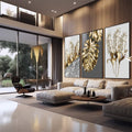 Quadro Decorativo: Elegância Dourada e Floral - quadros decorativos para sala 1 Tela Vertical, 3 Telas - em quarto contemporaneo