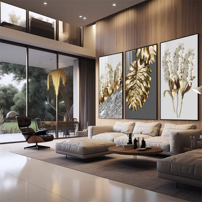 Quadro Decorativo: Elegância Dourada e Floral - quadros decorativos para sala 1 Tela Vertical, 3 Telas - em quarto contemporaneo