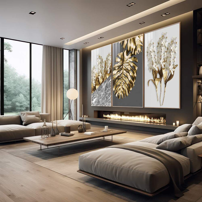 Quadro Decorativo: Elegância Dourada e Floral - quadros decorativos 1 Tela Vertical, 3 Telas - em escritorio elegante