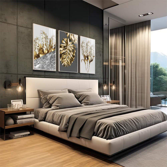 Quadro Decorativo: Elegância Dourada e Floral - quadros decorativos para sala 1 Tela Vertical, 3 Telas - em living room premium