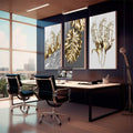 Quadro Decorativo: Elegância Dourada e Floral - quadros decorativos 1 Tela Vertical, 3 Telas - em sala moderna