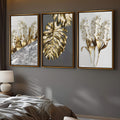 Trio de telas com folha costela de adão dourada, flores brancas e mármore cinza, quadro decorativo