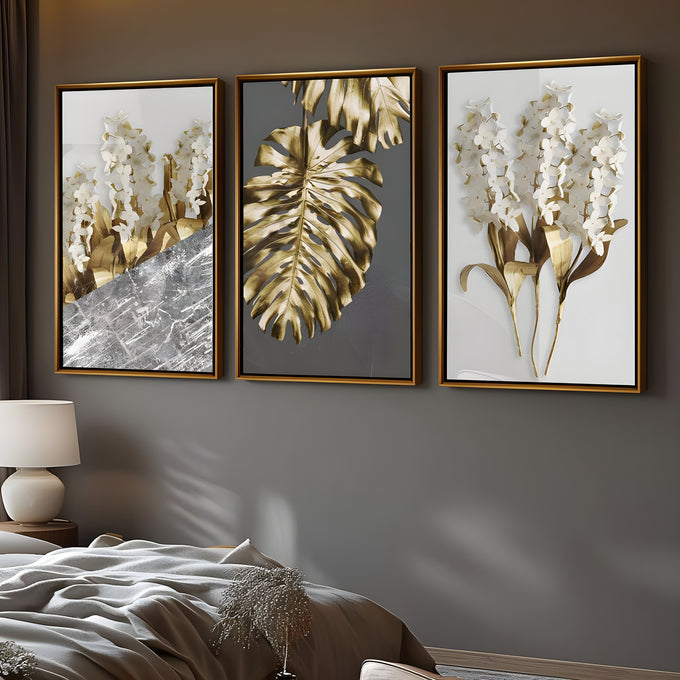 Trio de telas com folha costela de adão dourada, flores brancas e mármore cinza, quadro decorativo