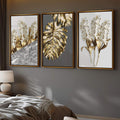Quadro Decorativo: Elegância Dourada e Floral - quadros decorativos para sala 1 Tela Vertical, 3 Telas - em ambiente decorado