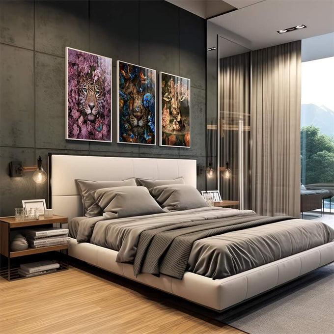 Quadro Decorativo: Majestade Selvagem & Florais Encantadores - quadros decorativos 1 Tela Vertical, 3 Telas - em escritorio elegante