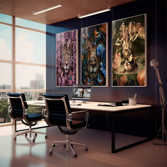 Quadro Decorativo: Majestade Selvagem & Florais Encantadores - quadros decorativos para sala 1 Tela Vertical, 3 Telas - em living room premium