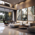 Quadro Decorativo Folhas Douradas - Desperte Luxo em Seu Ambiente - quadros decorativos 1 Tela Vertical, 3 Telas - em sala moderna