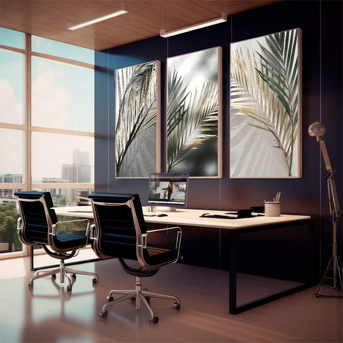 Quadro Decorativo Folhas Douradas - Desperte Luxo em Seu Ambiente - quadros decorativos para sala 1 Tela Vertical, 3 Telas - em living room premium