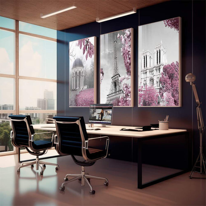 Quadro Decorativo Primavera em Paris: Encante-se! - quadros decorativos 1 Tela Vertical, 3 Telas - em sala moderna