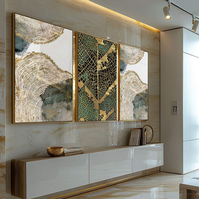 Quadro Decorativo Galeria de Ouro - Transforme Seu Espaço - quadros decorativos para sala 1 Tela Vertical, 3 Telas - em ambiente decorado