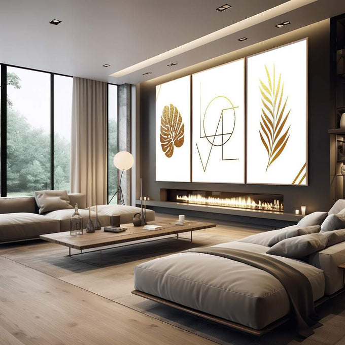 Quadro Decorativo: Sinfonia Dourada - Elegância e Harmonia - quadros decorativos para sala 1 Tela Vertical, 3 Telas - em quarto contemporaneo