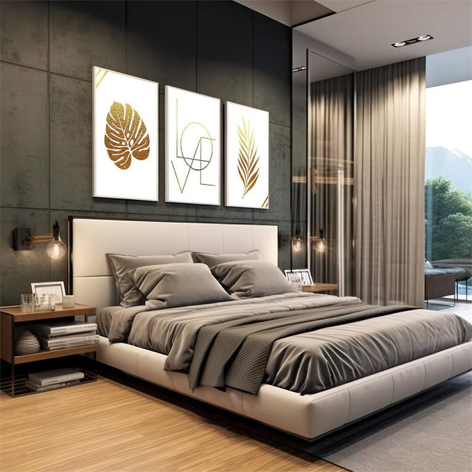 Quadro Decorativo: Sinfonia Dourada - Elegância e Harmonia - quadros decorativos 1 Tela Vertical, 3 Telas - em escritorio elegante