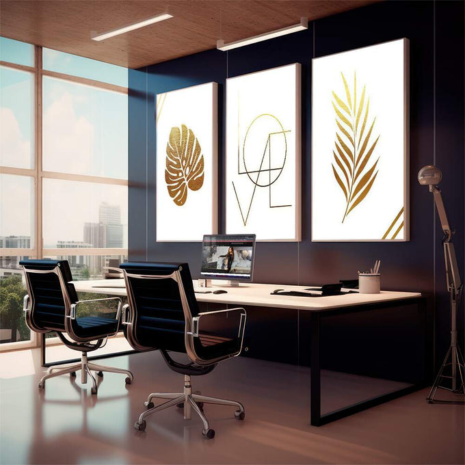 Quadro Decorativo: Sinfonia Dourada - Elegância e Harmonia - quadros decorativos para sala 1 Tela Vertical, 3 Telas - em living room premium