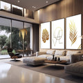 Quadro Decorativo: Sinfonia Dourada - Elegância e Harmonia - quadros decorativos 1 Tela Vertical, 3 Telas - em sala moderna