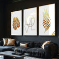 Quadro Decorativo: Sinfonia Dourada - Elegância e Harmonia - quadros decorativos para sala 1 Tela Vertical, 3 Telas - em ambiente decorado