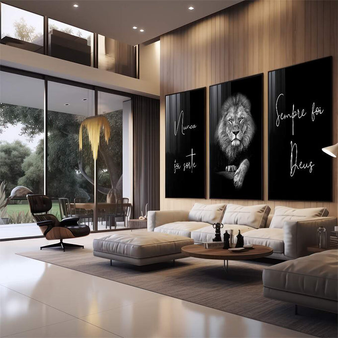 Quadro Decorativo: Leões Majestosos - Inspiração e Força - quadros decorativos para sala 1 Tela Vertical, 3 Telas - em quarto contemporaneo