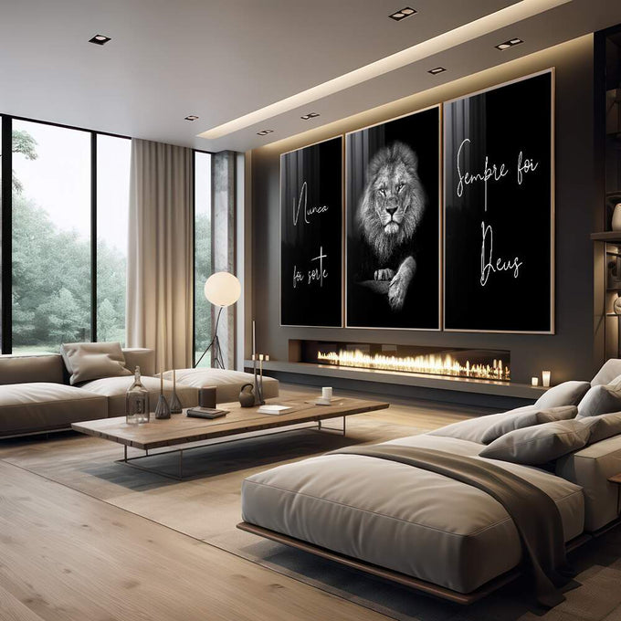 Quadro Decorativo: Leões Majestosos - Inspiração e Força - quadros decorativos 1 Tela Vertical, 3 Telas - em escritorio elegante