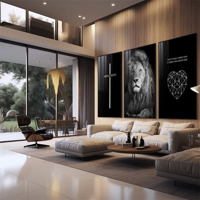 Quadro Decorativo Leão Majestoso: Transcenda com Fé - quadros decorativos para sala 1 Tela Vertical, 3 Telas - em quarto contemporaneo