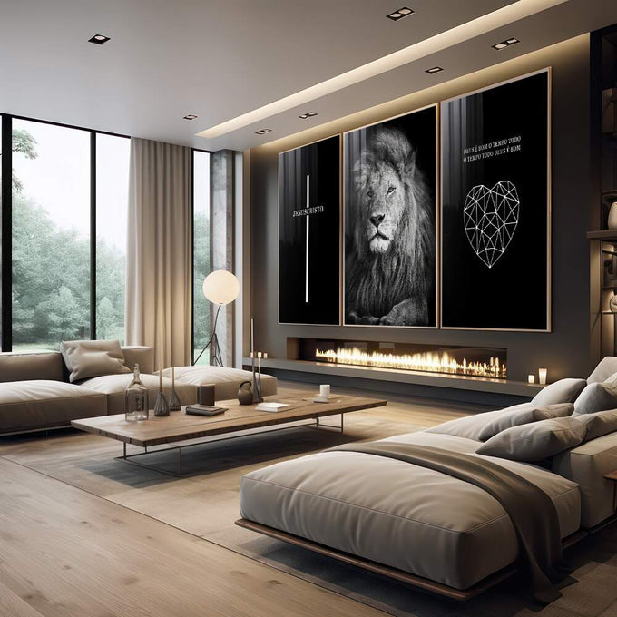 Quadro Decorativo Leão Majestoso: Transcenda com Fé - quadros decorativos 1 Tela Vertical, 3 Telas - em escritorio elegante