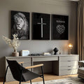 Quadro Decorativo Leão Majestoso: Transcenda com Fé - quadros decorativos para sala 1 Tela Vertical, 3 Telas - em ambiente decorado