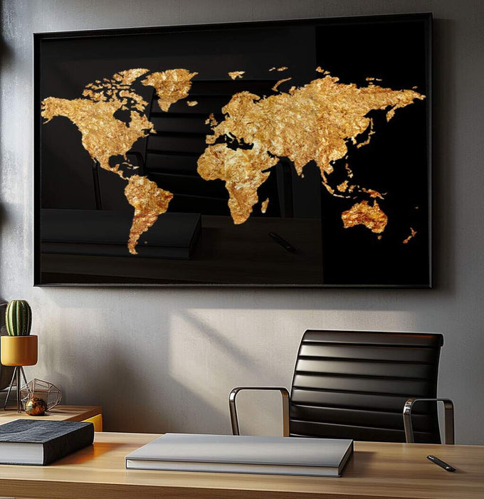 Quadro Decorativo: Mapa Mundi Elegante em Ouro e Preto - quadros decorativos para sala 1 Tela, 1 Tela Horizontal - em ambiente decorado