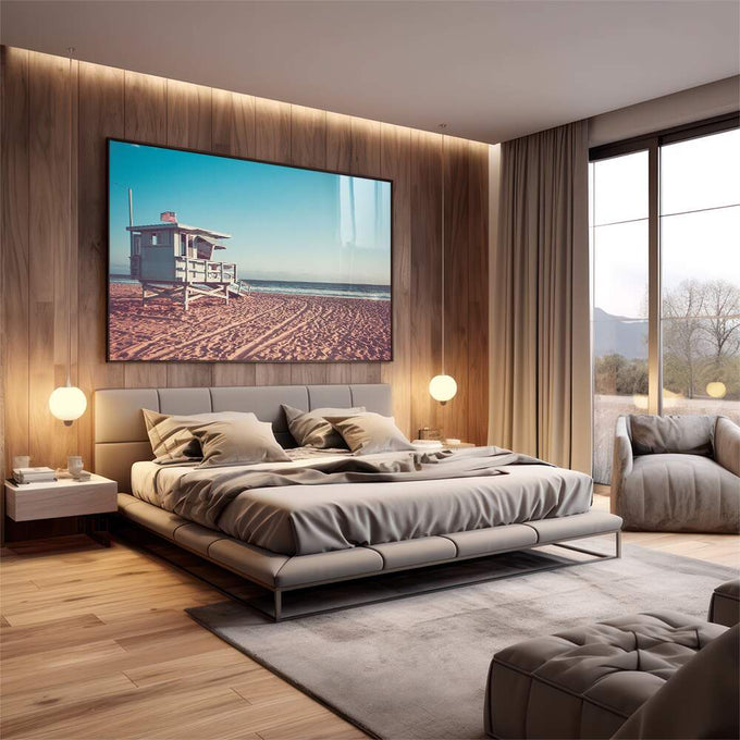 Quadro Decorativo Inspiração Oceânica: Torre e Surfista - quadros decorativos 1 Tela, 1 Tela Horizontal - em sala moderna