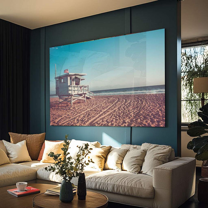 Quadro Decorativo Inspiração Oceânica: Torre e Surfista - quadros decorativos para sala 1 Tela, 1 Tela Horizontal - em ambiente decorado