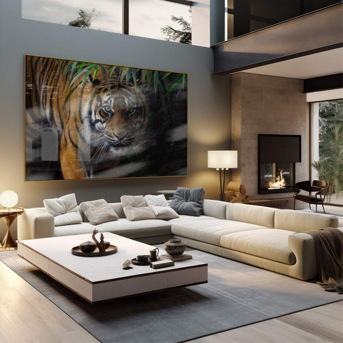 Quadro Decorativo Tigre Majestoso: Reviva a Selva em Casa - quadros decorativos 1 Tela, 1 Tela Horizontal - em sala moderna