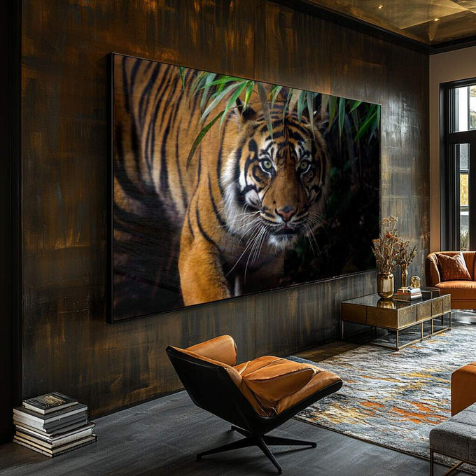 Quadro Decorativo Tigre Majestoso: Reviva a Selva em Casa - quadros decorativos para sala 1 Tela, 1 Tela Horizontal - em ambiente decorado