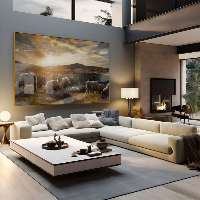 Rebanho de ovelhas pastando em campo dourado ao pôr do sol entre colinas, quadro decorativo