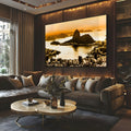 Vista aérea do Rio de Janeiro com Pão de Açúcar e Baía de Botafogo ao pôr do sol dourado, quadro decorativo