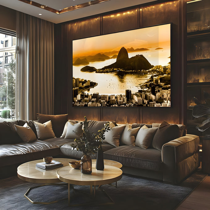 Vista aérea do Rio de Janeiro com Pão de Açúcar e Baía de Botafogo ao pôr do sol dourado, quadro decorativo