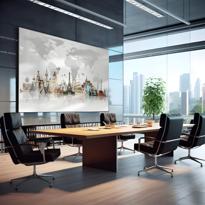 Mapa múndi cinza com Torre Eiffel, Coliseu, Big Ben e Estátua da Liberdade refletidos, quadro decorativo