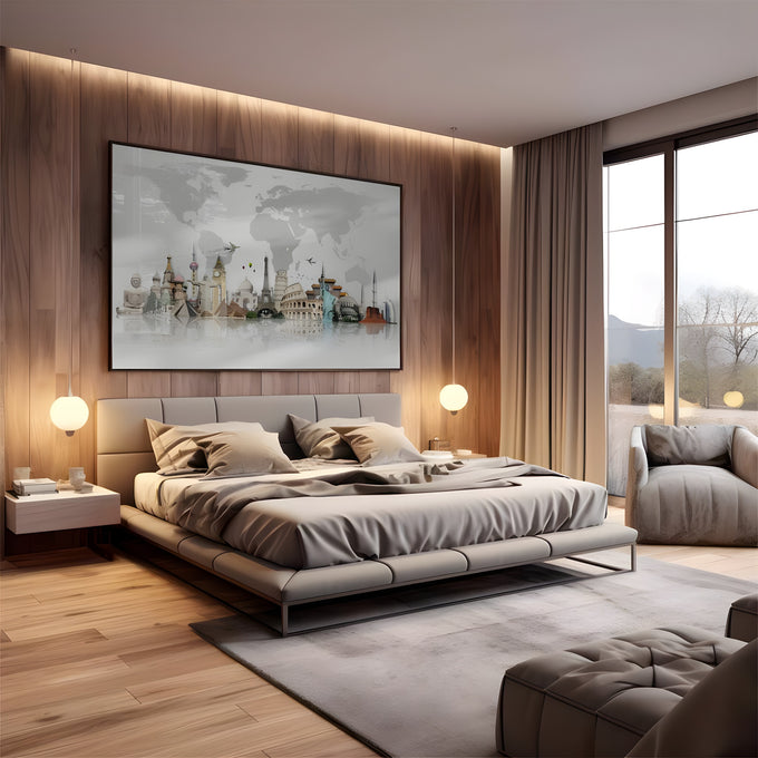 Mapa múndi cinza com Torre Eiffel, Coliseu, Big Ben e Estátua da Liberdade refletidos, quadro decorativo