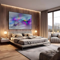 Abstrato explosão de cores roxo, rosa, azul e amarelo sobre fundo branco em efeito aurora, quadro decorativo