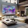 Abstrato explosão de cores roxo, rosa, azul e amarelo sobre fundo branco em efeito aurora, quadro decorativo