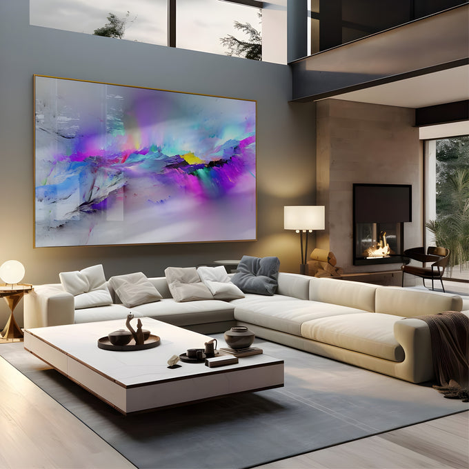 Abstrato explosão de cores roxo, rosa, azul e amarelo sobre fundo branco em efeito aurora, quadro decorativo