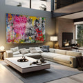 Grafite pop art com neon rosa Love Is All We Need, casal de crianças e cachorro, quadro decorativo