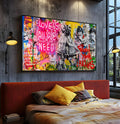 Grafite pop art com neon rosa Love Is All We Need, casal de crianças e cachorro, quadro decorativo
