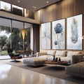 Quadro Decorativo Flores e Penas Azuis: Toque Sereno - quadros decorativos para sala 1 Tela Vertical, 3 Telas - em quarto contemporaneo