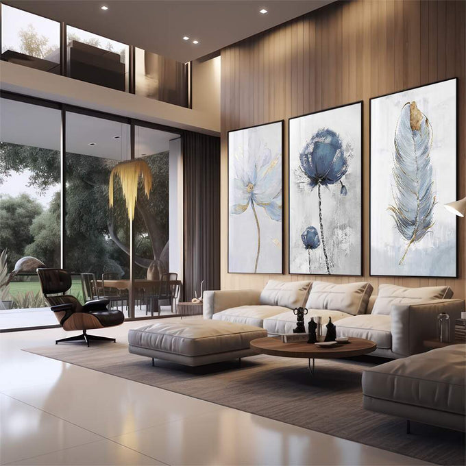 Quadro Decorativo Flores e Penas Azuis: Toque Sereno - quadros decorativos para sala 1 Tela Vertical, 3 Telas - em quarto contemporaneo