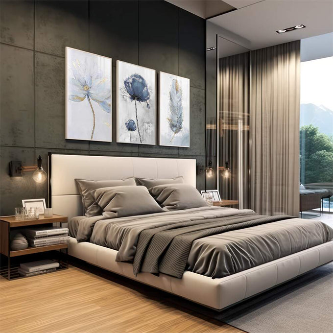 Quadro Decorativo Flores e Penas Azuis: Toque Sereno - quadros decorativos para sala 1 Tela Vertical, 3 Telas - em living room premium