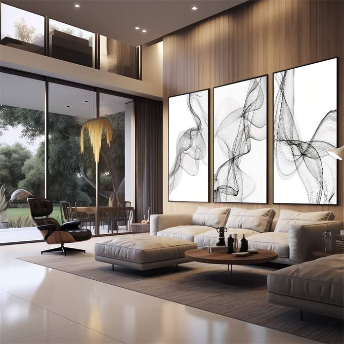 Quadro Decorativo: Elegância Abstrata Preto e Branco - quadros decorativos para sala 1 Tela Vertical, 3 Telas - em quarto contemporaneo