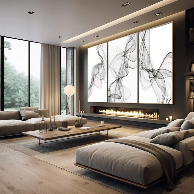 Quadro Decorativo: Elegância Abstrata Preto e Branco - quadros decorativos 1 Tela Vertical, 3 Telas - em escritorio elegante