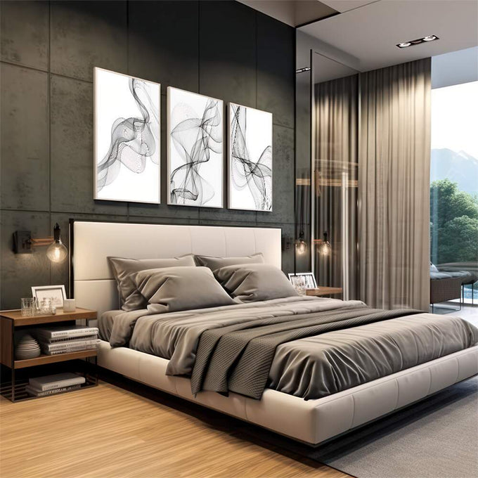 Quadro Decorativo: Elegância Abstrata Preto e Branco - quadros decorativos para sala 1 Tela Vertical, 3 Telas - em living room premium